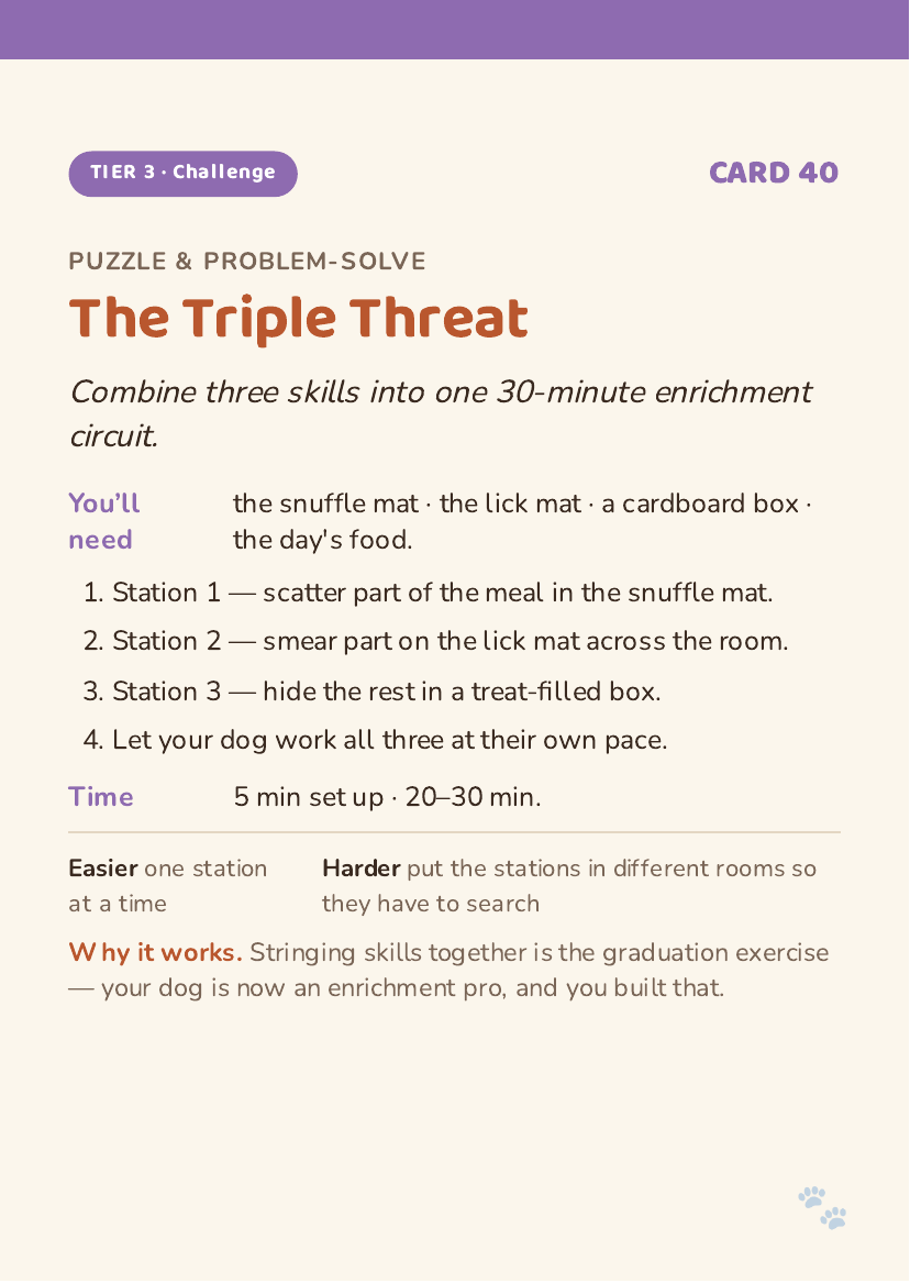 A real card from the deck: Card 40 'The Triple Threat', a Tier 3 challenge using both mats
